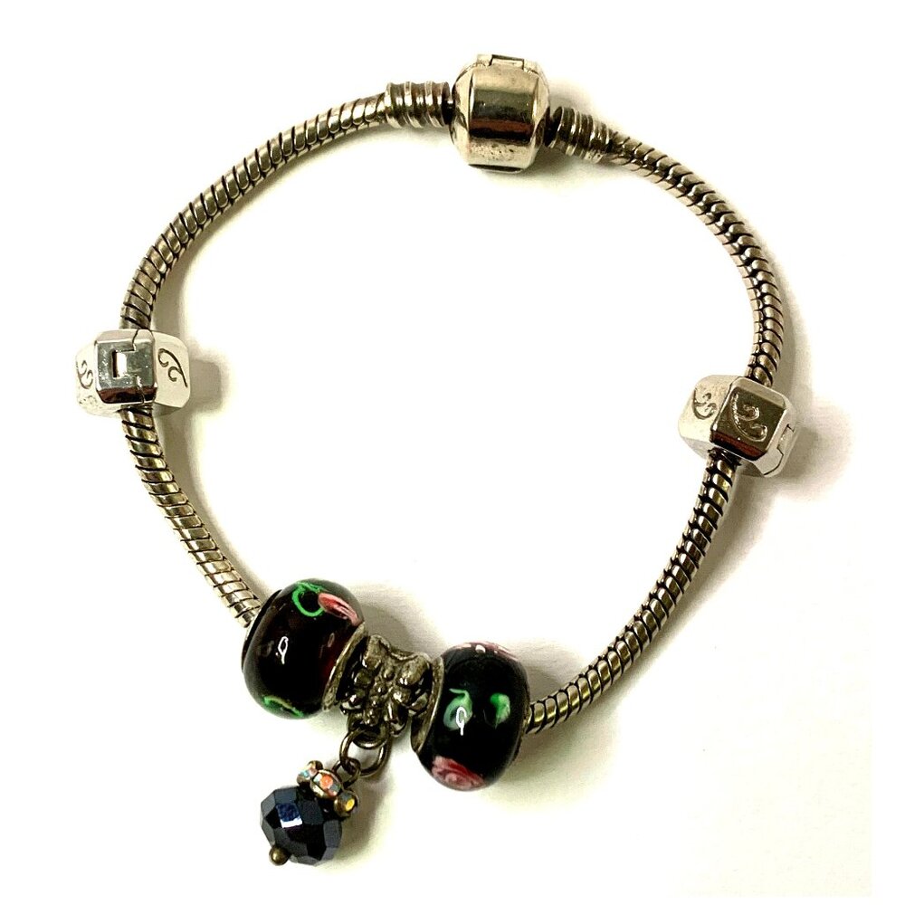 Silver Tone 7” Bracelet 2 Glass Beads Dangling Charm & Ball Clasp